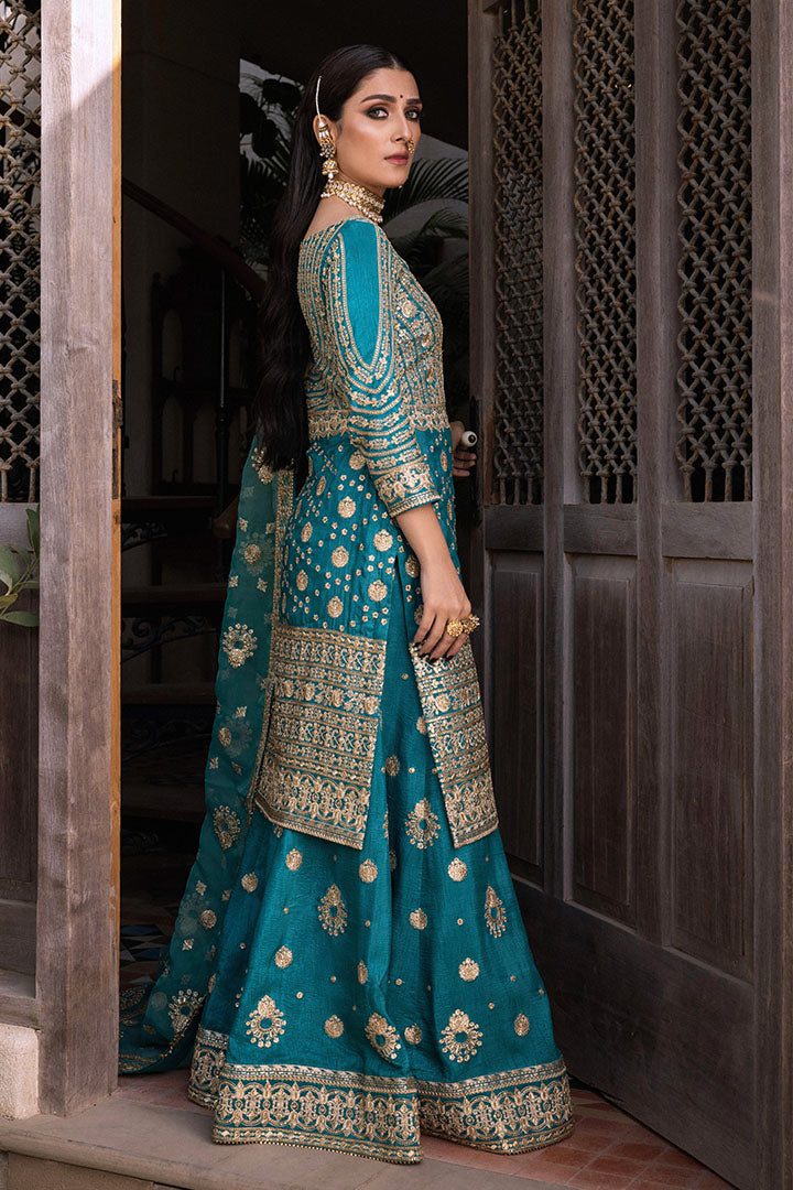 Pakistani Teal Embroidered Raw Silk Sharara Set (3-Piece) - Image 2
