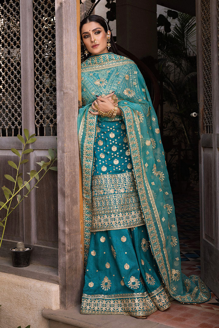 Pakistani Teal Embroidered Raw Silk Sharara Set (3-Piece) - Image 3