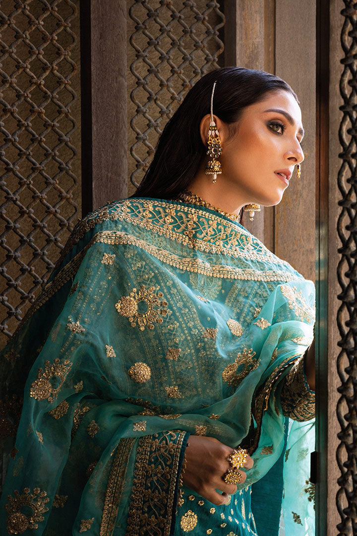 Pakistani Teal Embroidered Raw Silk Sharara Set (3-Piece) - Image 4