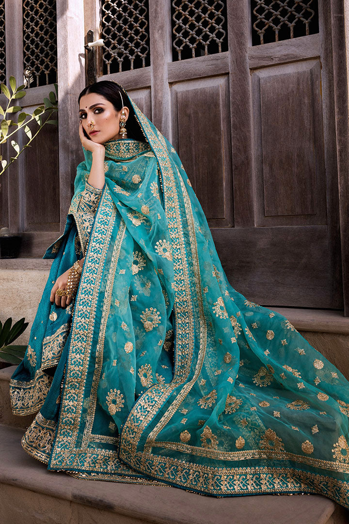 Pakistani Teal Embroidered Raw Silk Sharara Set (3-Piece) - Image 5