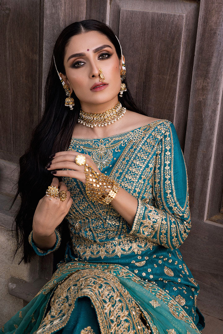 Pakistani Teal Embroidered Raw Silk Sharara Set (3-Piece) - Image 8