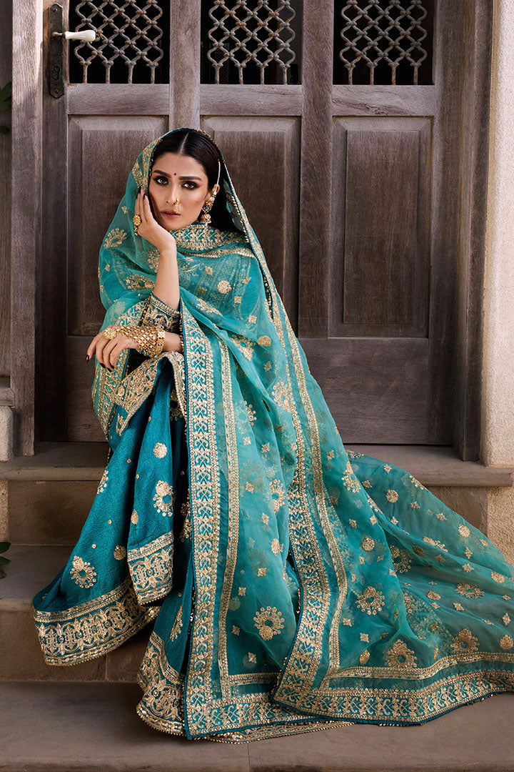 Pakistani Teal Embroidered Raw Silk Sharara Set (3-Piece) - Image 9