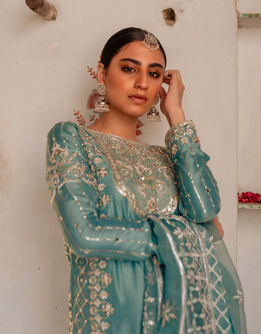 Teal Embellished Raw Silk Sharara Set (3-Piece) - Image 1