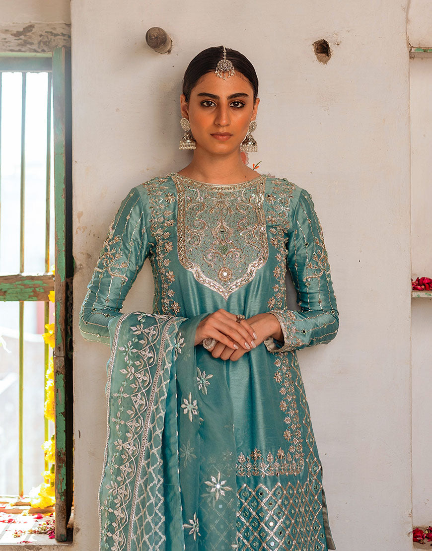 Teal Embellished Raw Silk Sharara Set (3-Piece) - Image 2