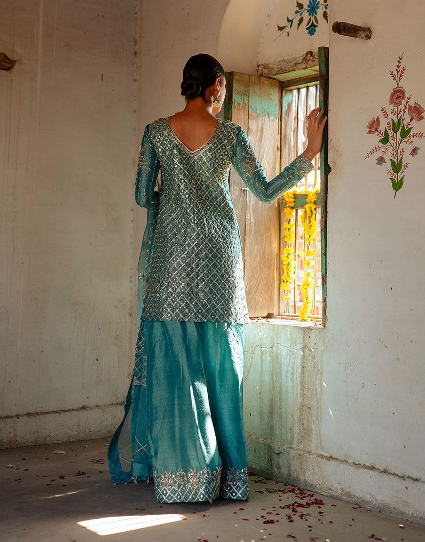 Teal Embellished Raw Silk Sharara Set (3-Piece) - Image 3