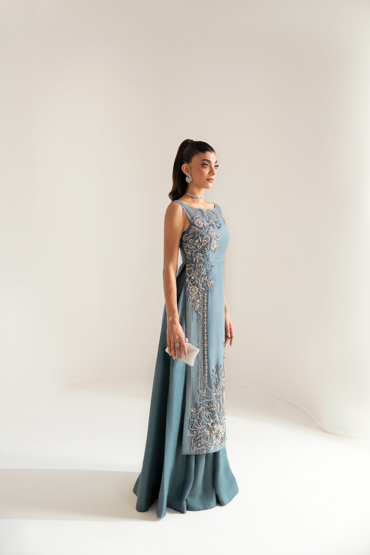 Pakistani Dull Teal Crystal Embellished Silk Sharara (2-Piece) - Image 2