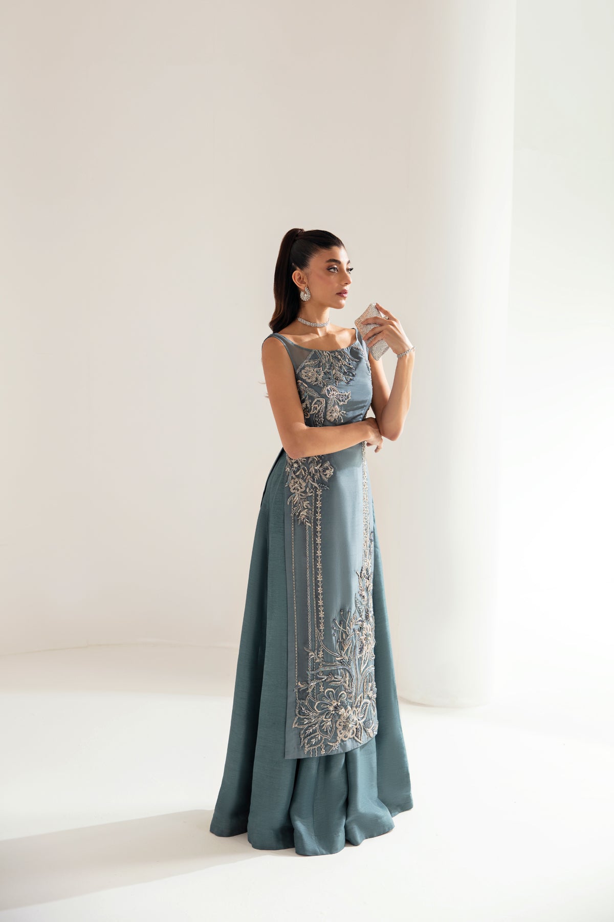 Pakistani Dull Teal Crystal Embellished Silk Sharara (2-Piece) - Image 3