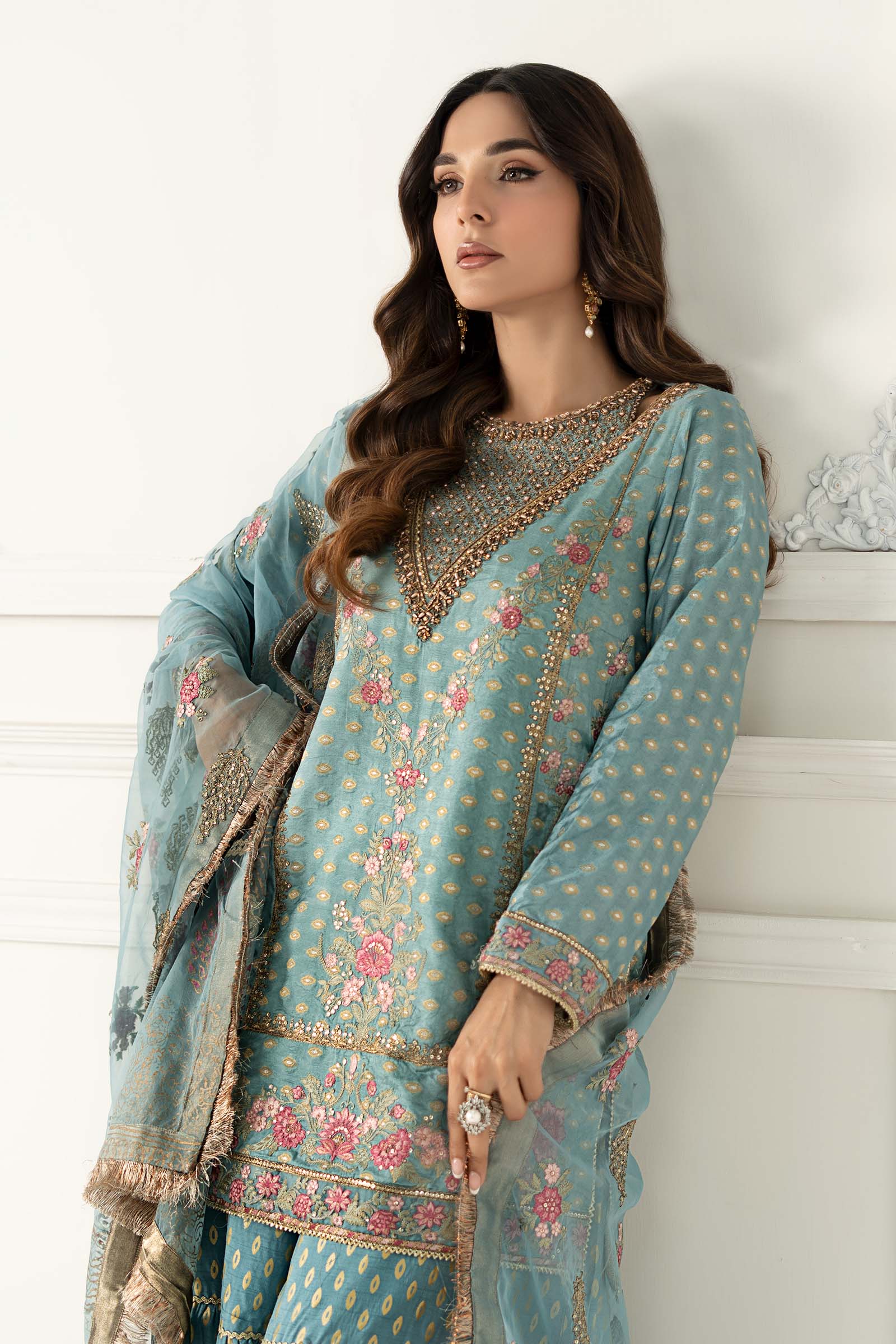 Pakistani Ferozi Embroidered Silk Jacquard Sharara Suit (3-Piece) - Image 2