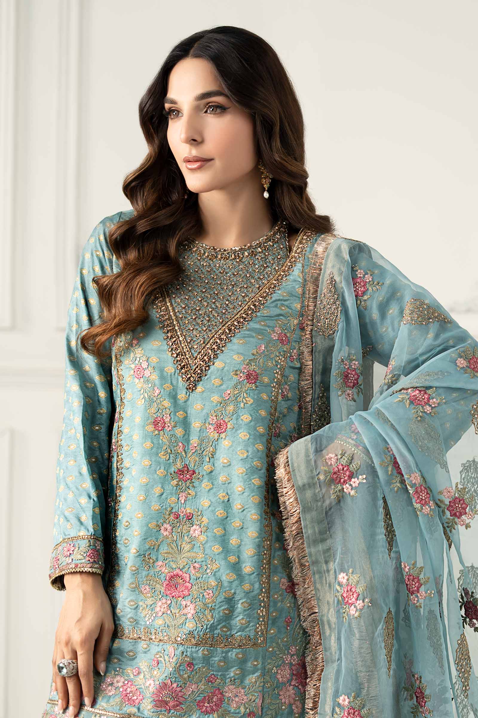 Pakistani Ferozi Embroidered Silk Jacquard Sharara Suit (3-Piece) - Image 3