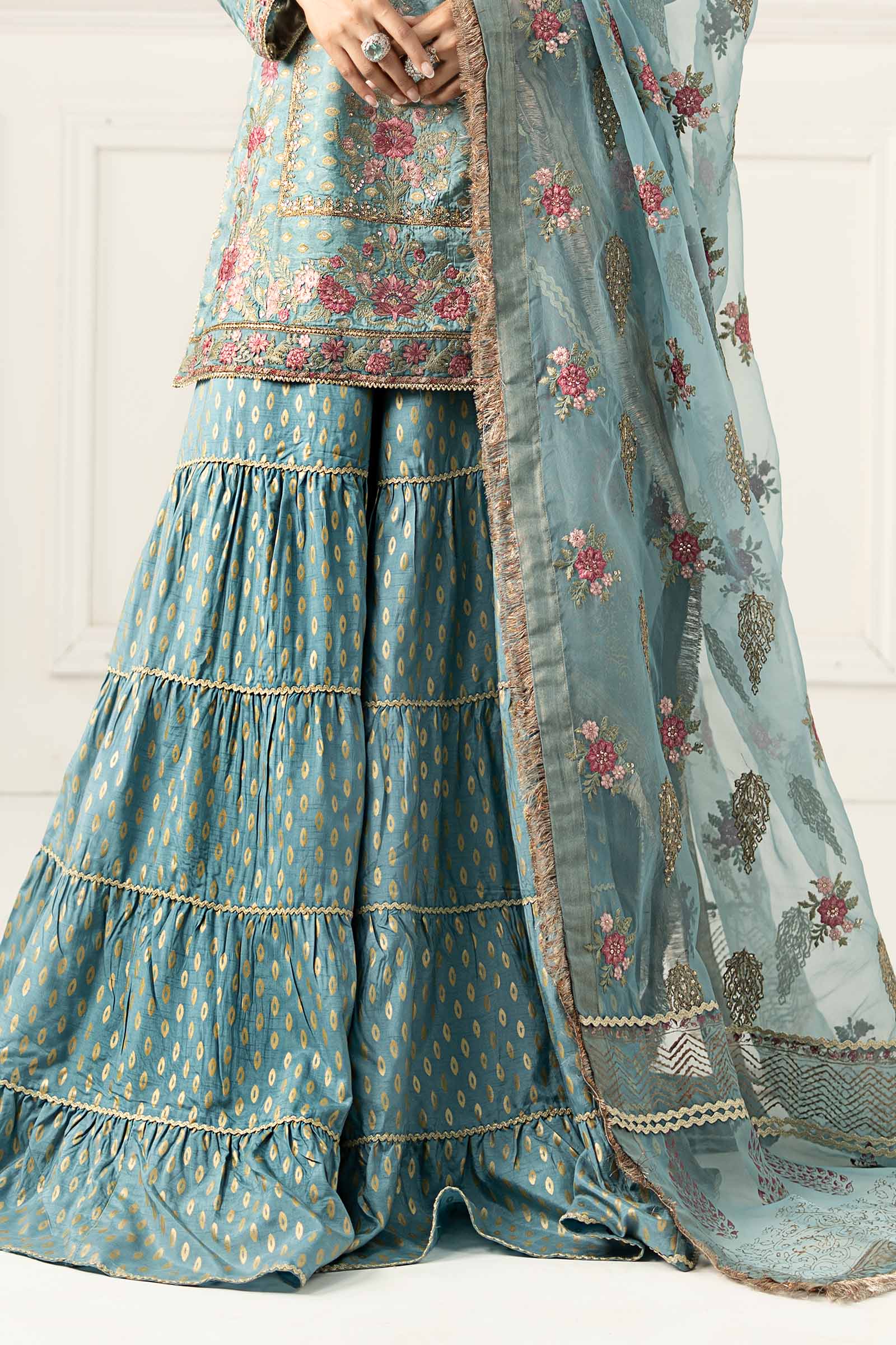 Pakistani Ferozi Embroidered Silk Jacquard Sharara Suit (3-Piece) - Image 4