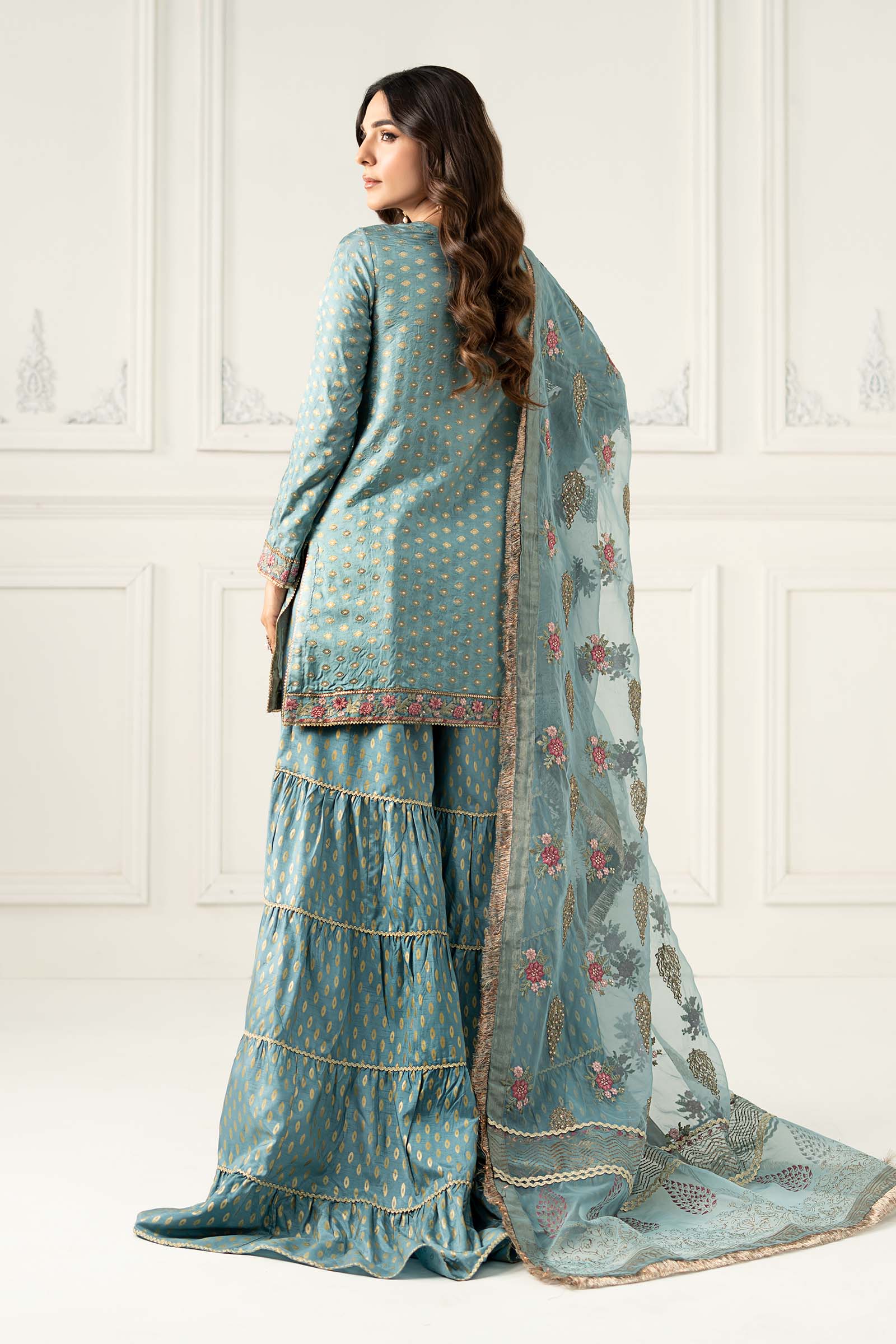 Pakistani Ferozi Embroidered Silk Jacquard Sharara Suit (3-Piece) - Image 5