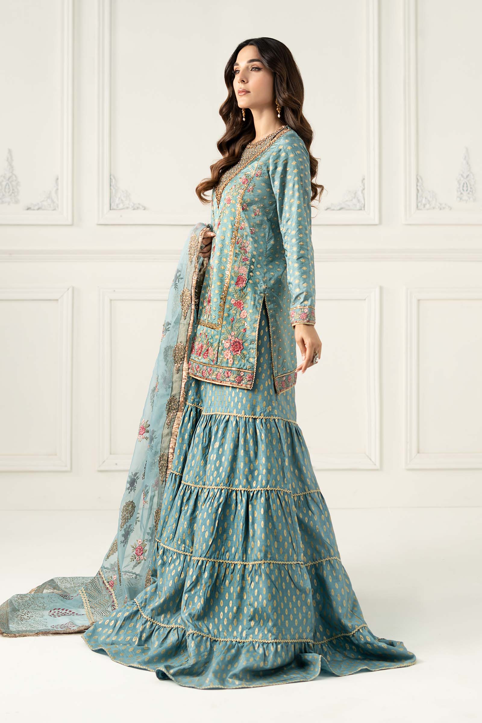 Pakistani Ferozi Embroidered Silk Jacquard Sharara Suit (3-Piece) - Image 6