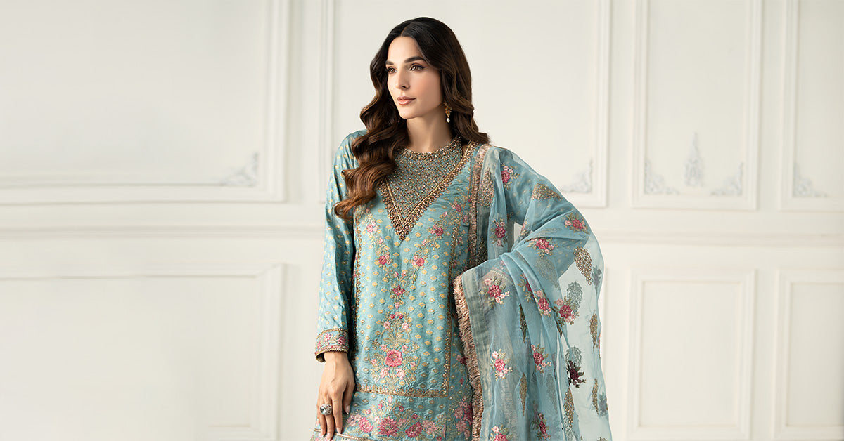 Pakistani Ferozi Embroidered Silk Jacquard Sharara Suit (3-Piece) - Image 7