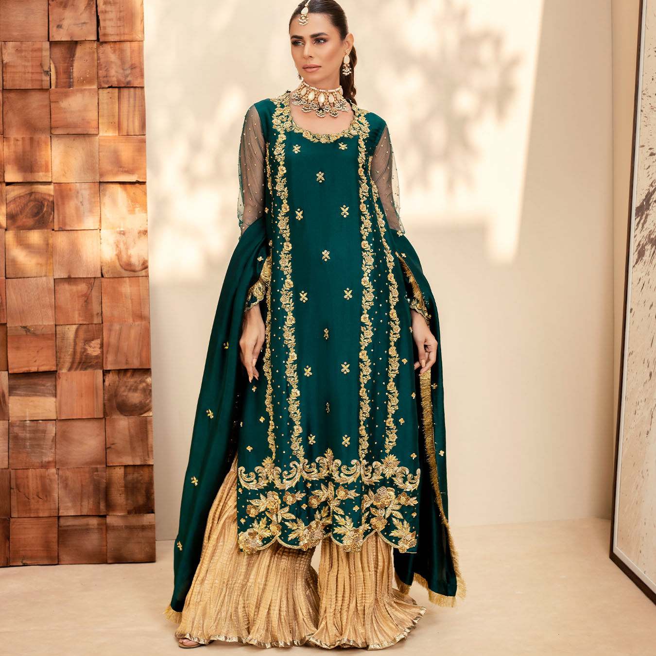 Pakistani Teal Zardozi Tissue Silk Sharara Set (3-Piece) - Image 1