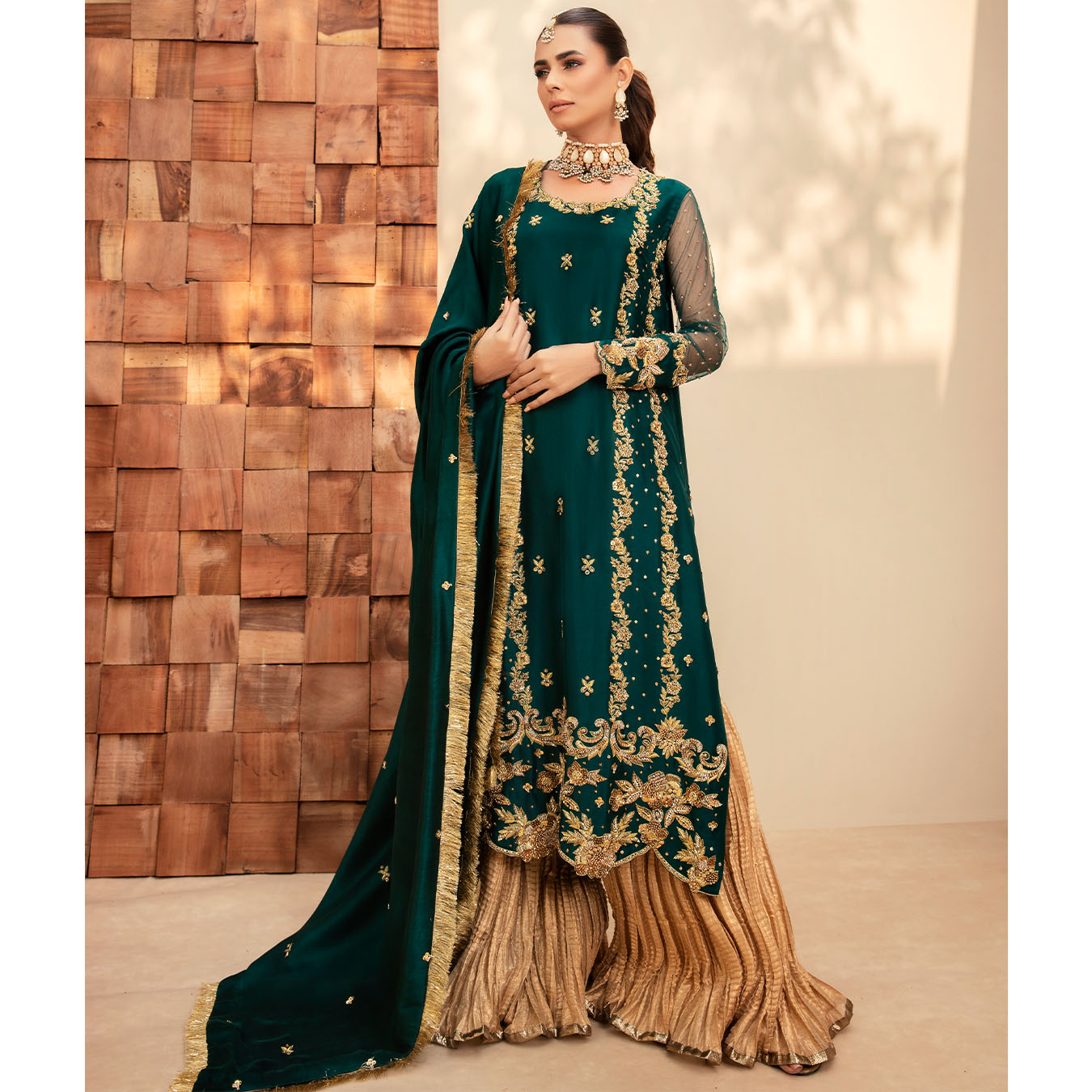 Pakistani Teal Zardozi Tissue Silk Sharara Set (3-Piece) - Image 2