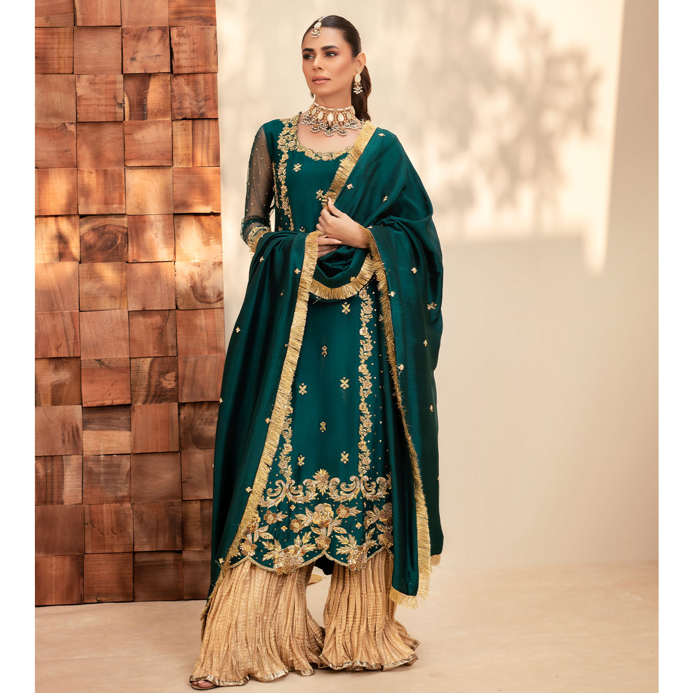 Pakistani Teal Zardozi Tissue Silk Sharara Set (3-Piece) - Image 3