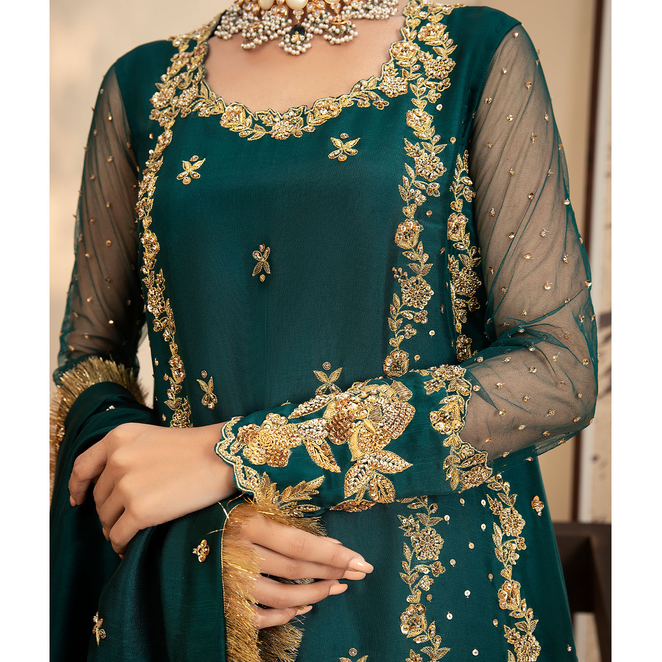 Pakistani Teal Zardozi Tissue Silk Sharara Set (3-Piece) - Image 4