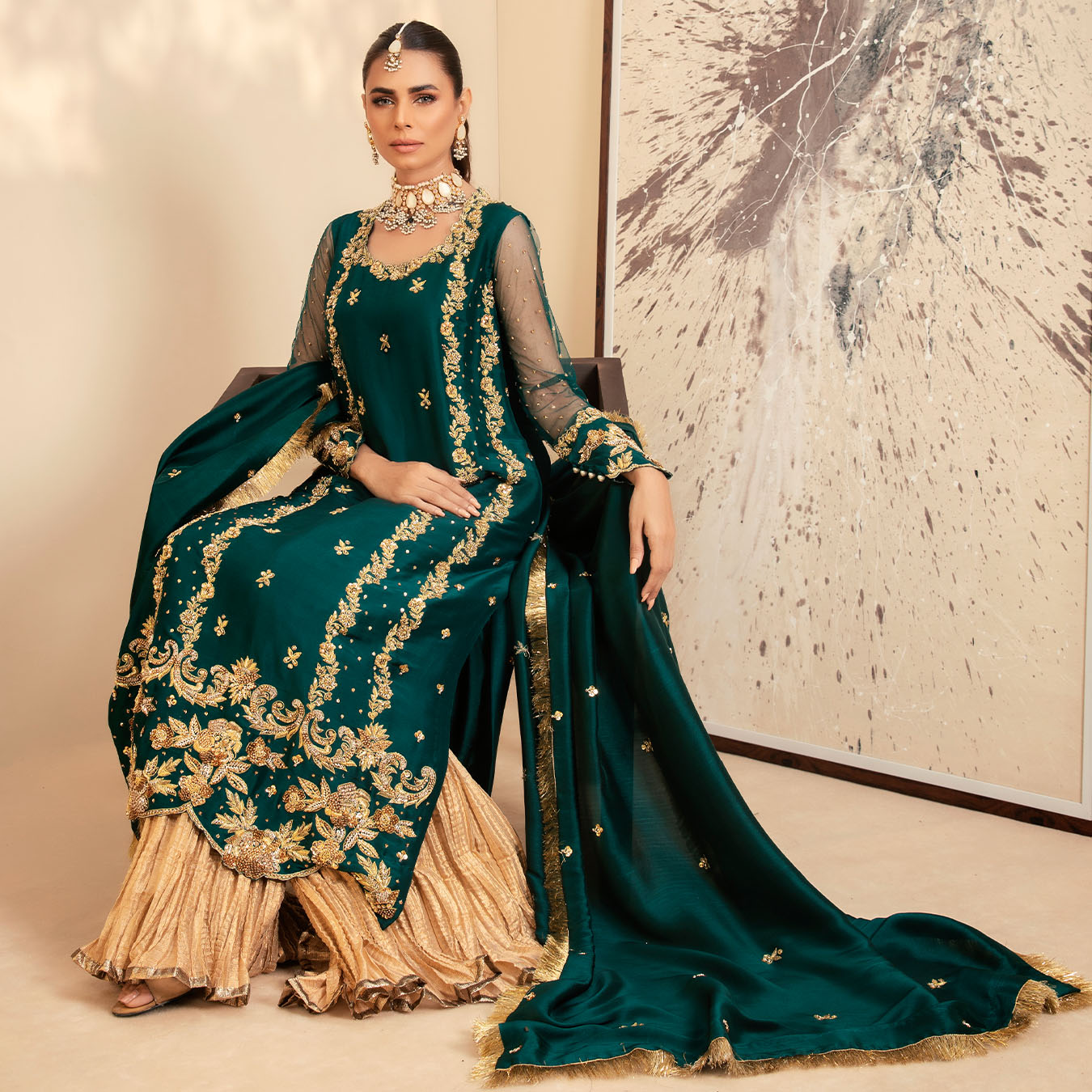 Pakistani Teal Zardozi Tissue Silk Sharara Set (3-Piece) - Image 5