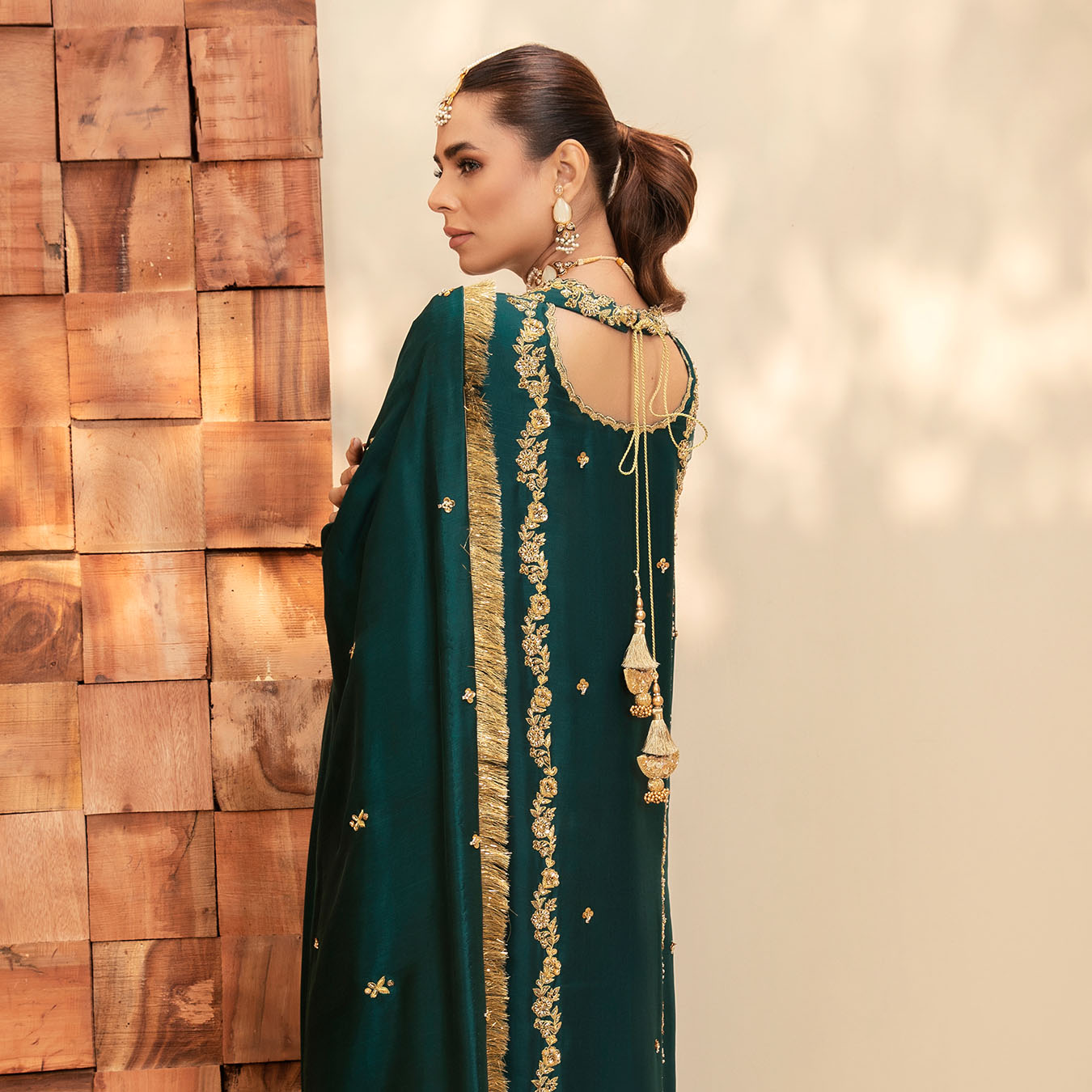 Pakistani Teal Zardozi Tissue Silk Sharara Set (3-Piece) - Image 6