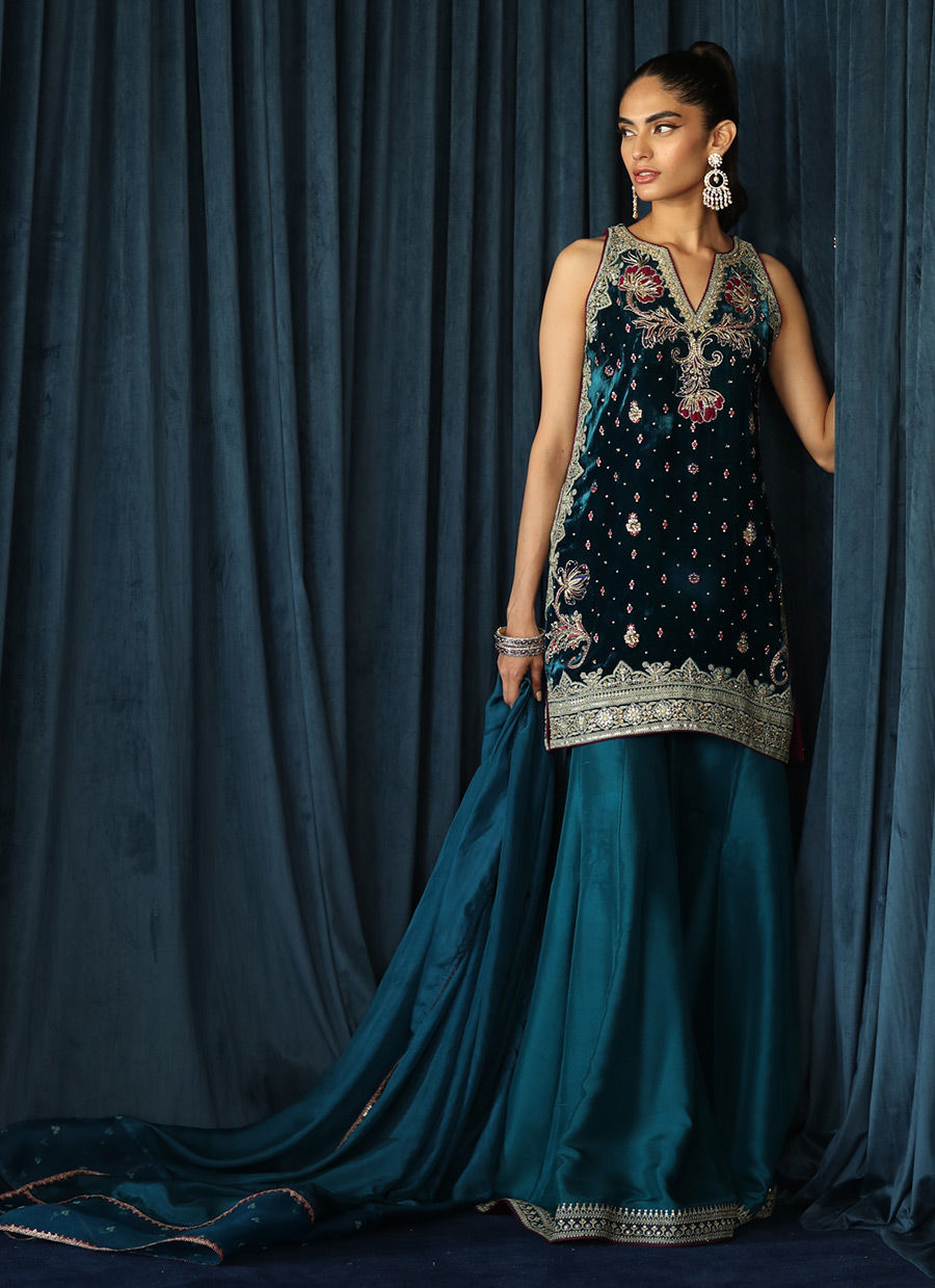 Teal Hand-Embellished Velvet Sharara (3-Piece) - Image 1