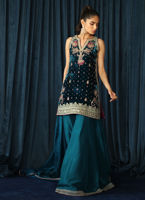 Teal Hand-Embellished Velvet Sharara (3-Piece) - Image 3