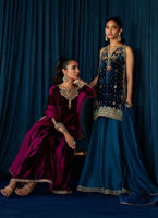 Teal Hand-Embellished Velvet Sharara (3-Piece) - Image 9