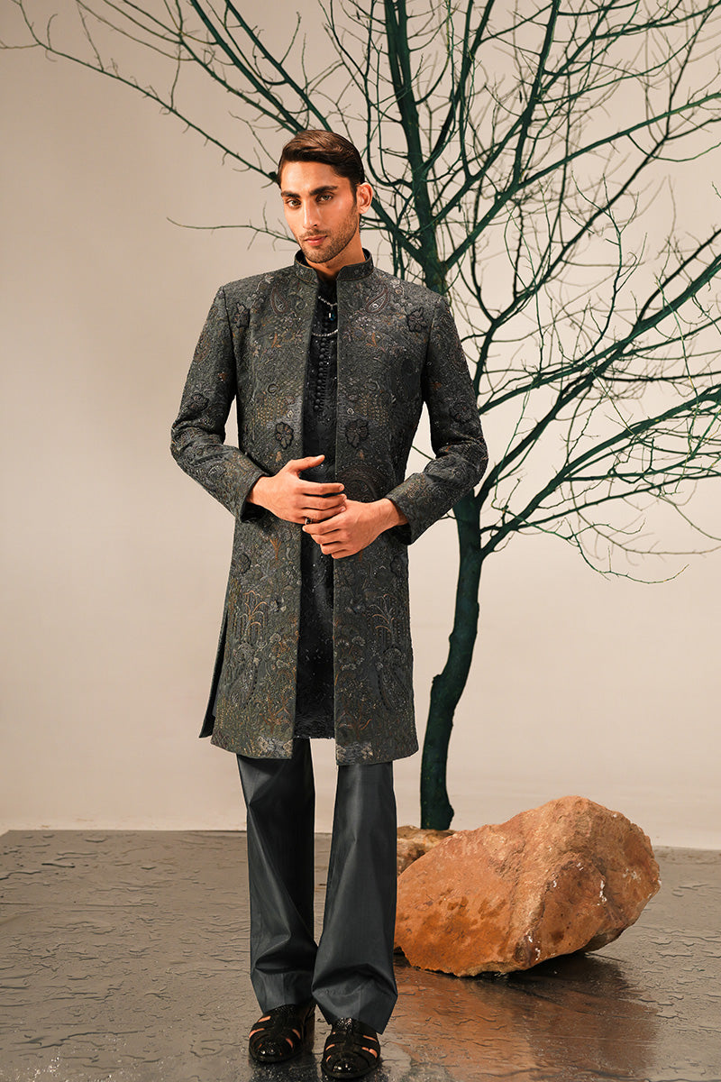 Teal Hand-Embroidered Jacquard Sherwani (3-Piece) - Image 1