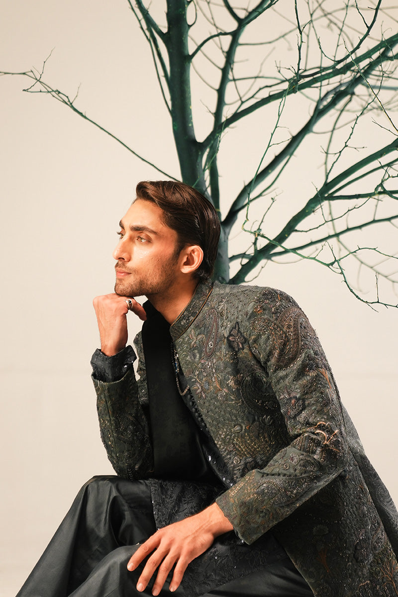 Teal Hand-Embroidered Jacquard Sherwani (3-Piece) - Image 13