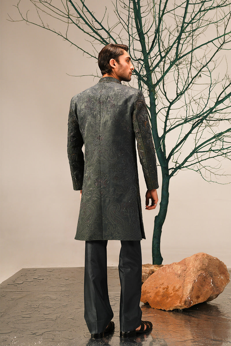 Teal Hand-Embroidered Jacquard Sherwani (3-Piece) - Image 7
