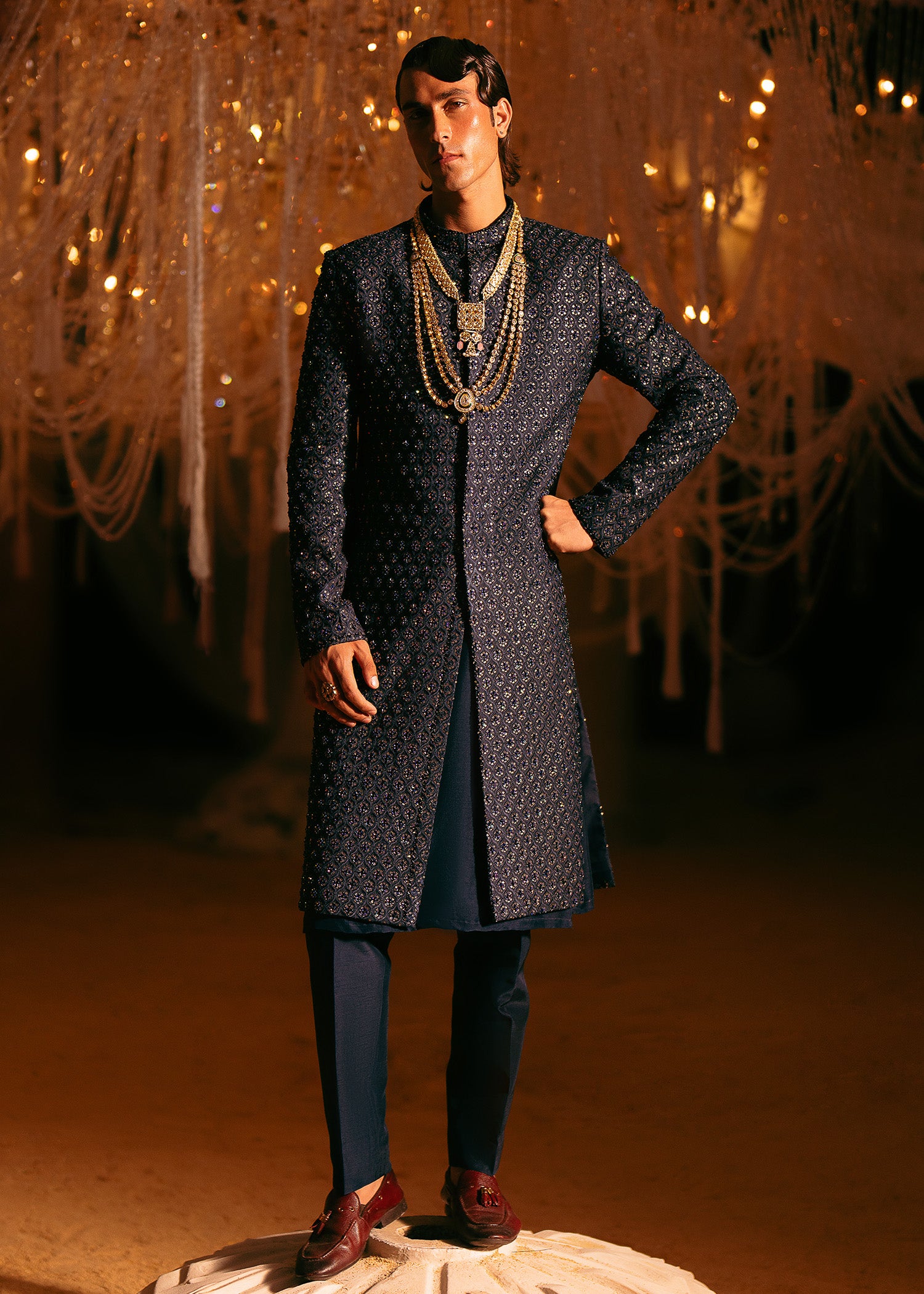 Teal Self-Embroidered Raw Silk Sherwani (3-Piece) - Image 1
