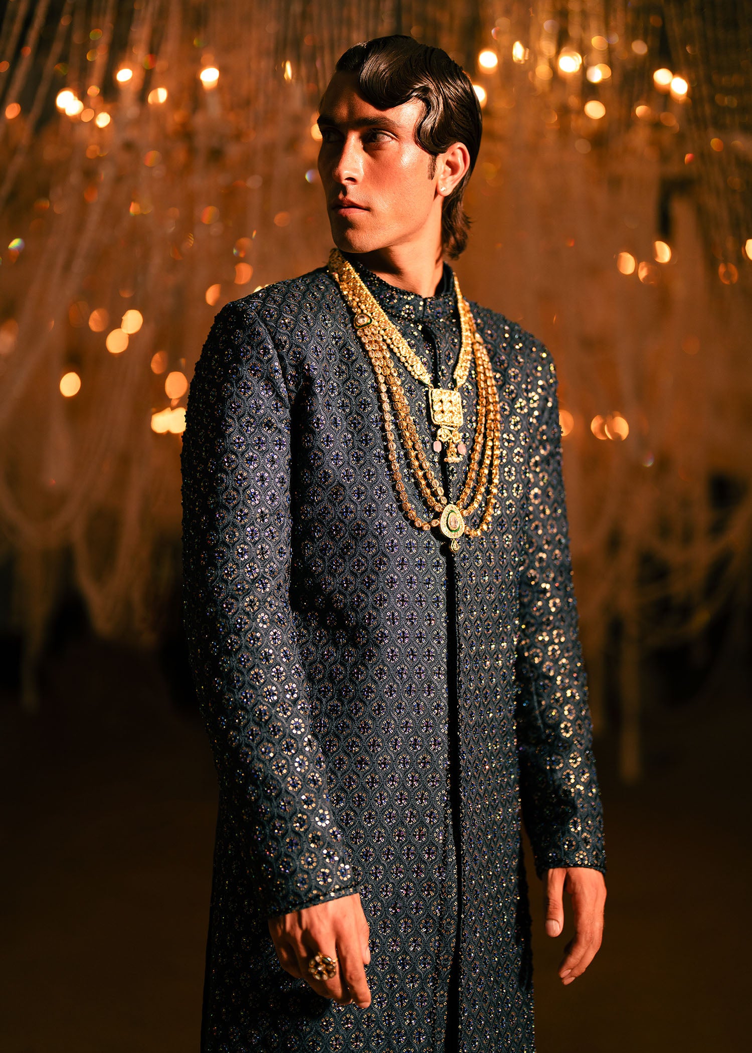 Teal Self-Embroidered Raw Silk Sherwani (3-Piece) - Image 3