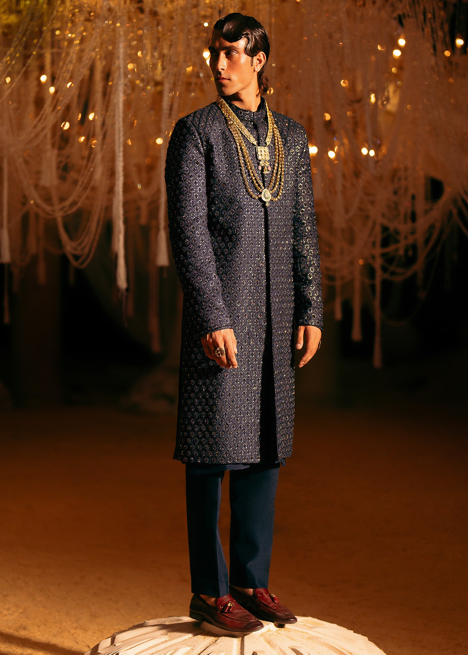 Teal Self-Embroidered Raw Silk Sherwani (3-Piece) - Image 4