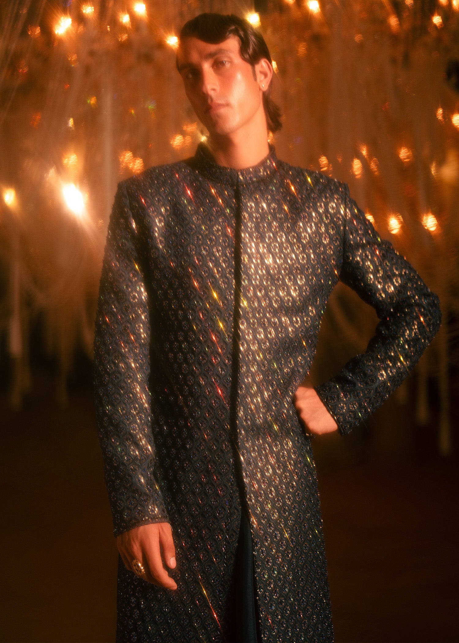 Teal Self-Embroidered Raw Silk Sherwani (3-Piece) - Image 6