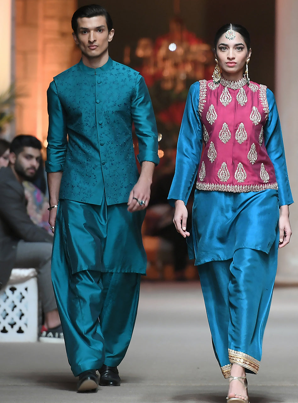 Teal Floral Embroidered Cotton Silk Waistcoat Kurta (3-Piece) - Image 1