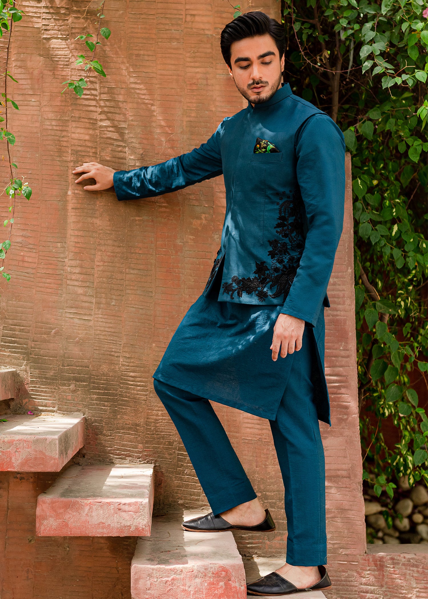 Teal Embroidered Karandi Waistcoat Kurta Set (3-Piece) - Image 1