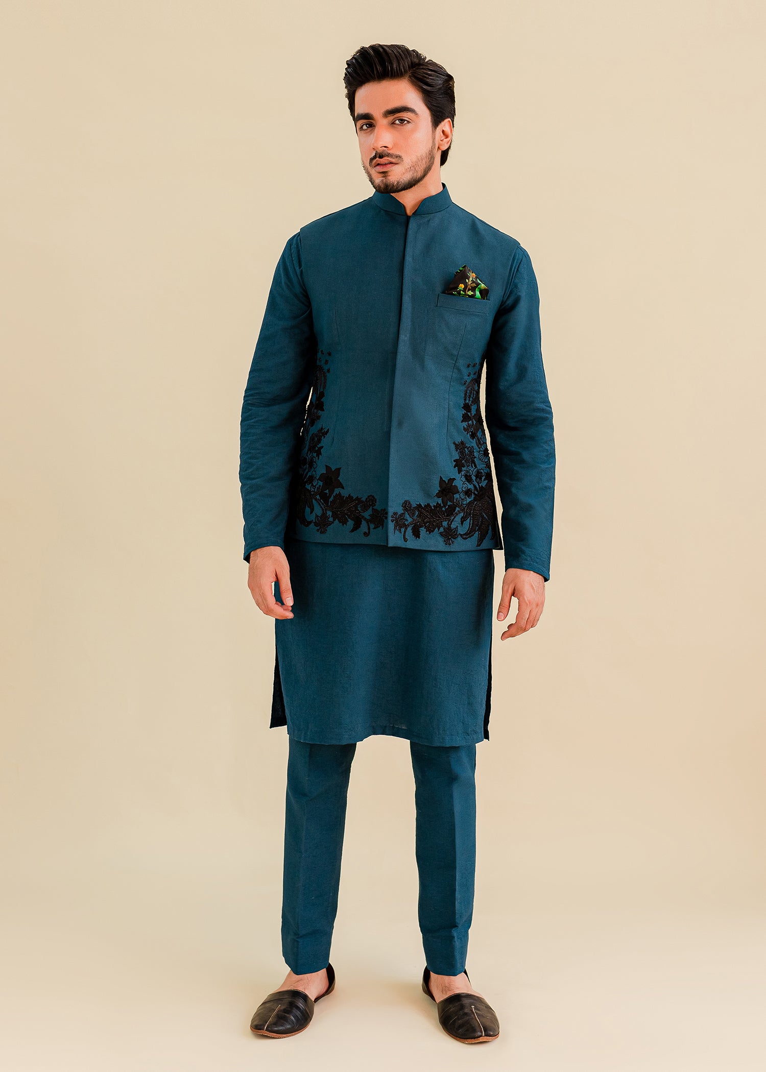 Teal Embroidered Karandi Waistcoat Kurta Set (3-Piece) - Image 2