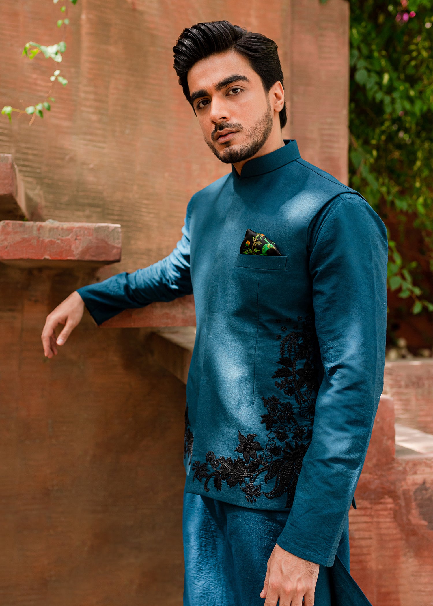 Teal Embroidered Karandi Waistcoat Kurta Set (3-Piece) - Image 3