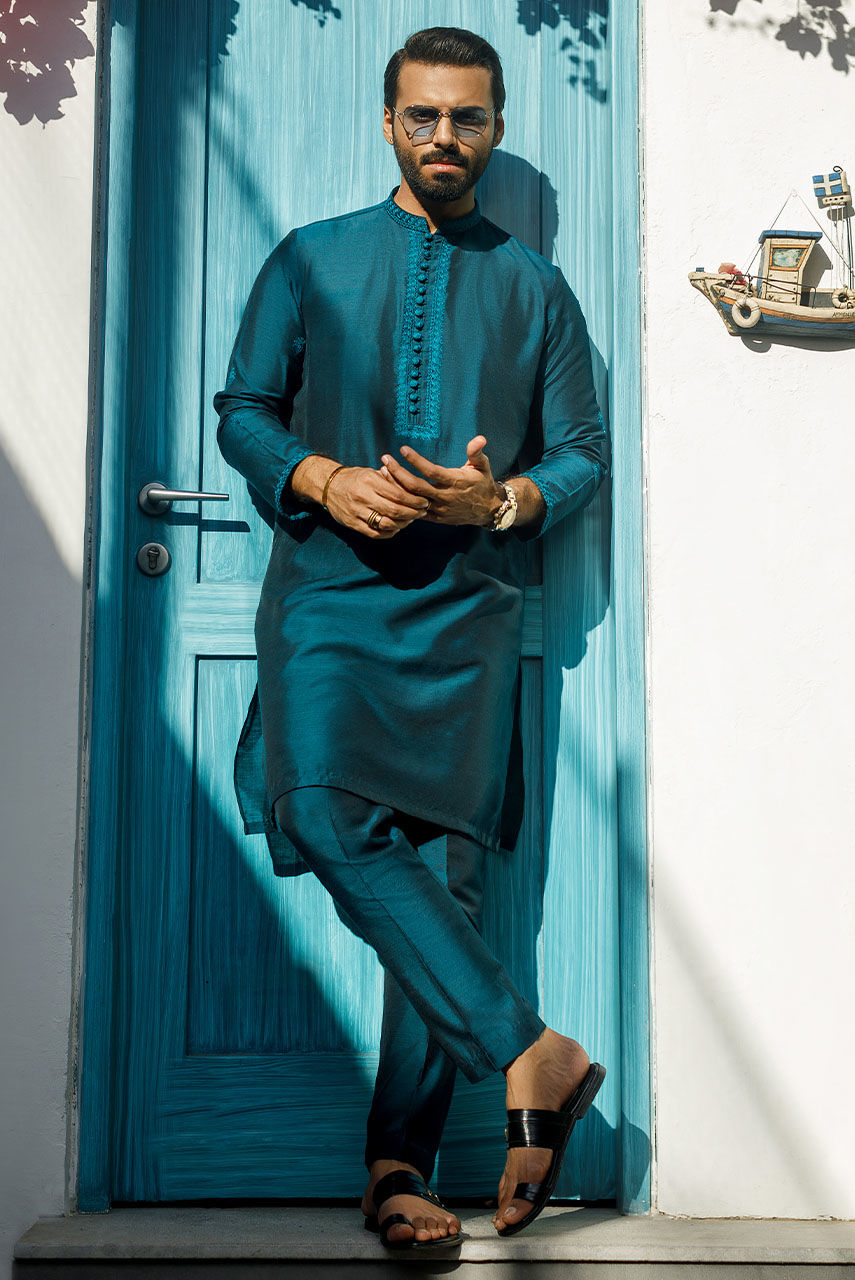 Teal Embroidered Khadi Silk Waistcoat Kurta (3-Piece) - Image 1
