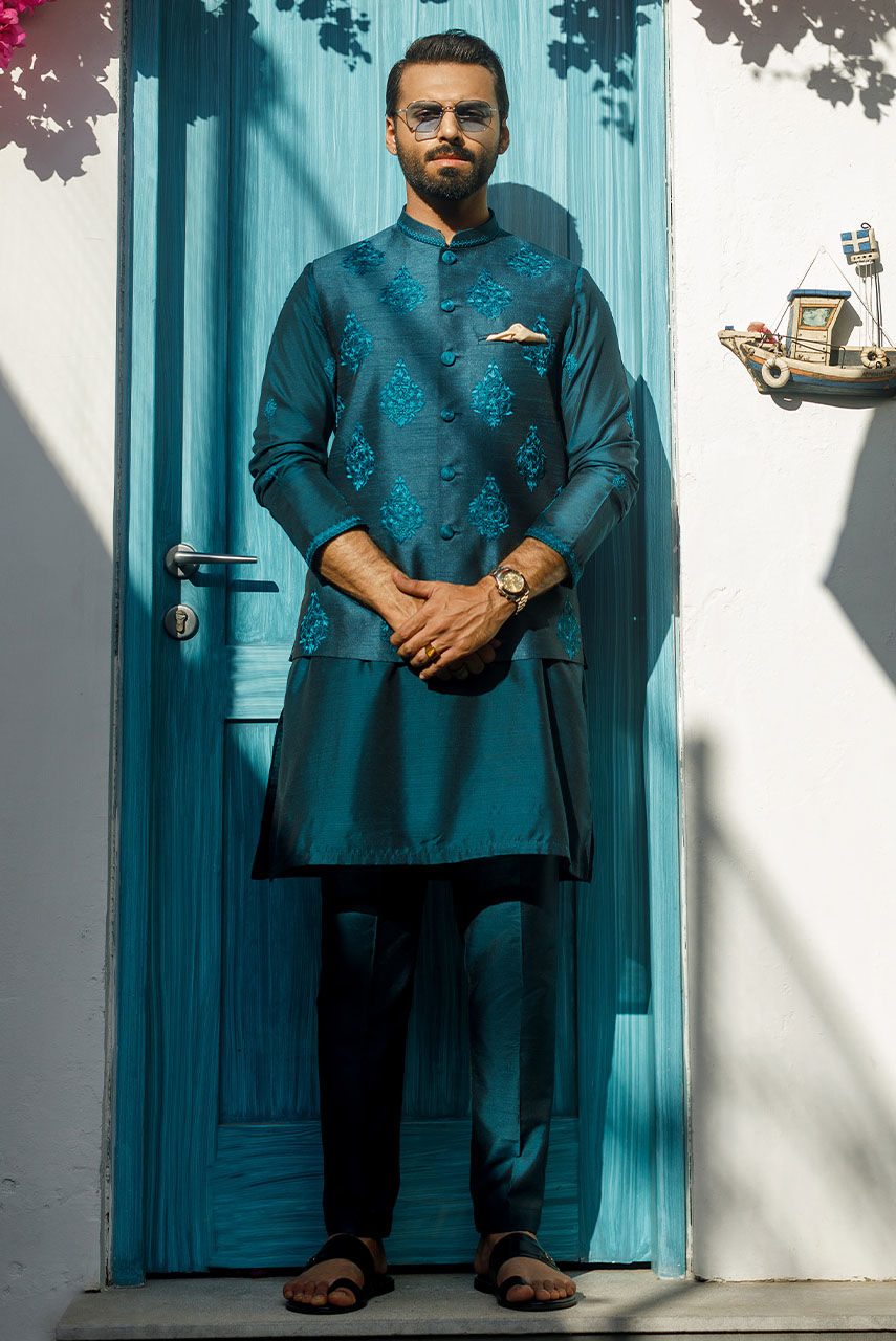 Teal Embroidered Khadi Silk Waistcoat Kurta (3-Piece) - Image 3