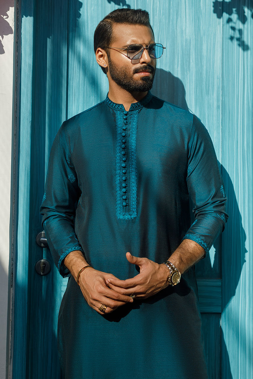 Teal Embroidered Khadi Silk Waistcoat Kurta (3-Piece) - Image 5