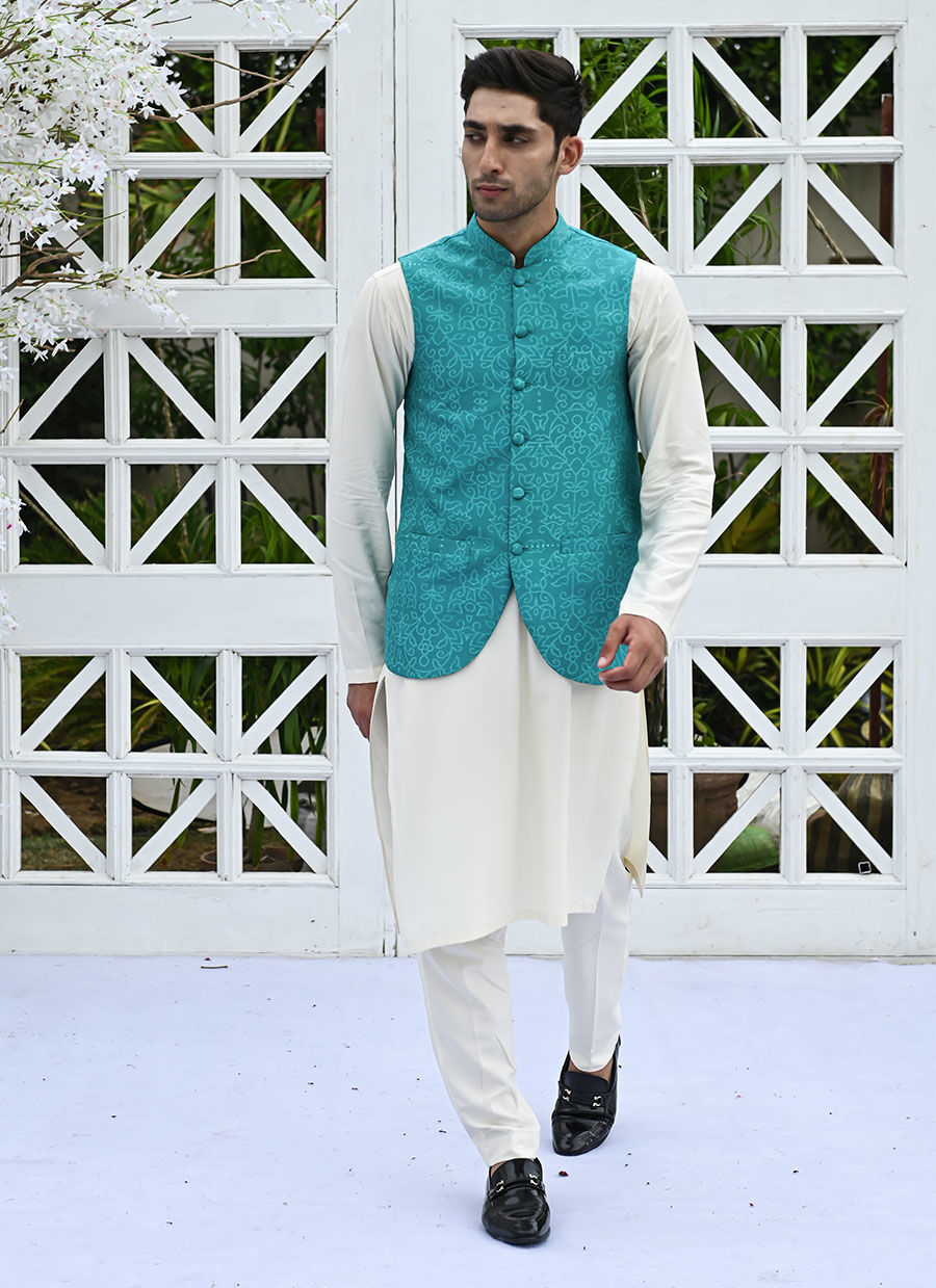 Teal Printed Raw Silk Waistcoat Kurta Pajama (3-Piece) - Image 1