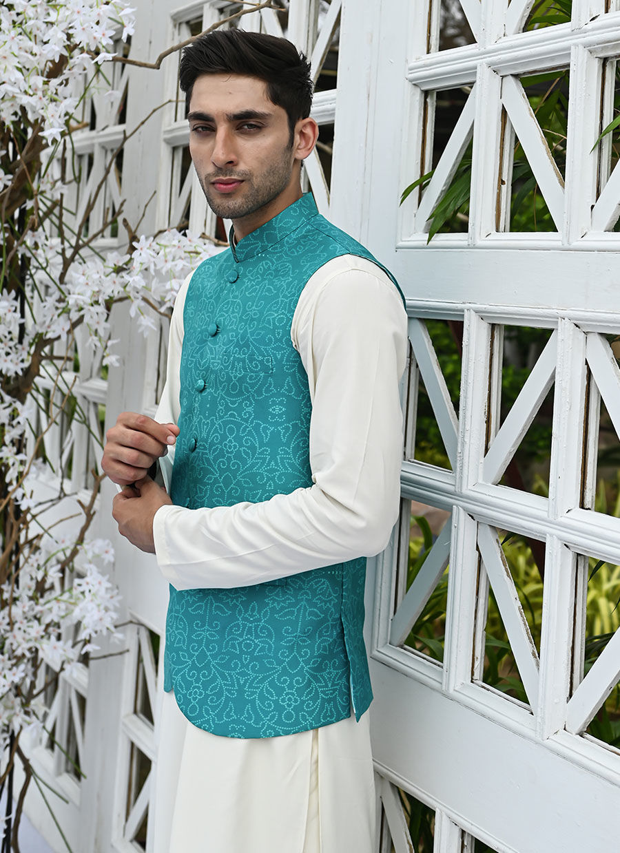 Teal Printed Raw Silk Waistcoat Kurta Pajama (3-Piece) - Image 2