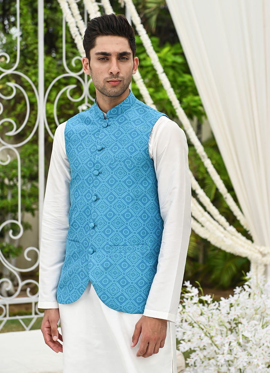 Teal Printed Raw Silk Waistcoat Kurta Pajama (3-Piece) - Image 3