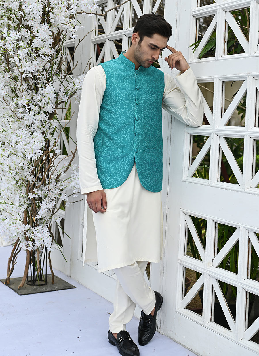 Teal Printed Raw Silk Waistcoat Kurta Pajama (3-Piece) - Image 5