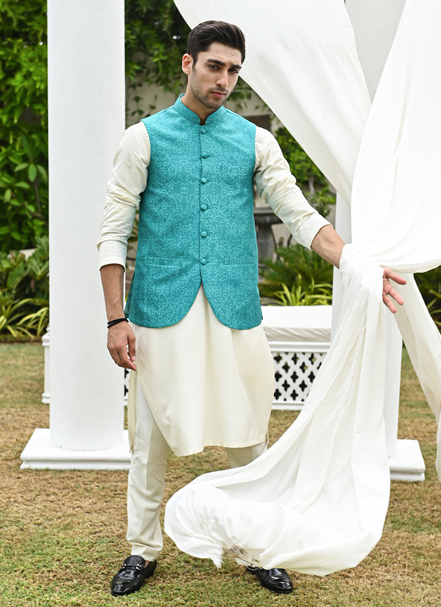 Teal Printed Raw Silk Waistcoat Kurta Pajama (3-Piece) - Image 6