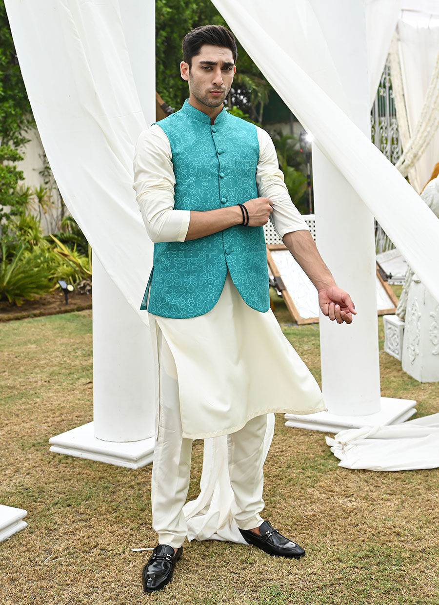 Teal Printed Raw Silk Waistcoat Kurta Pajama (3-Piece) - Image 7