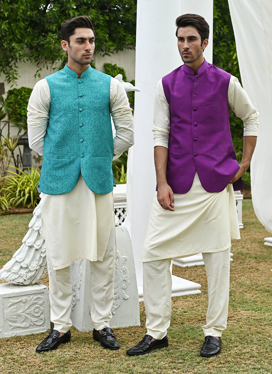 Teal Printed Raw Silk Waistcoat Kurta Pajama (3-Piece) - Image 8