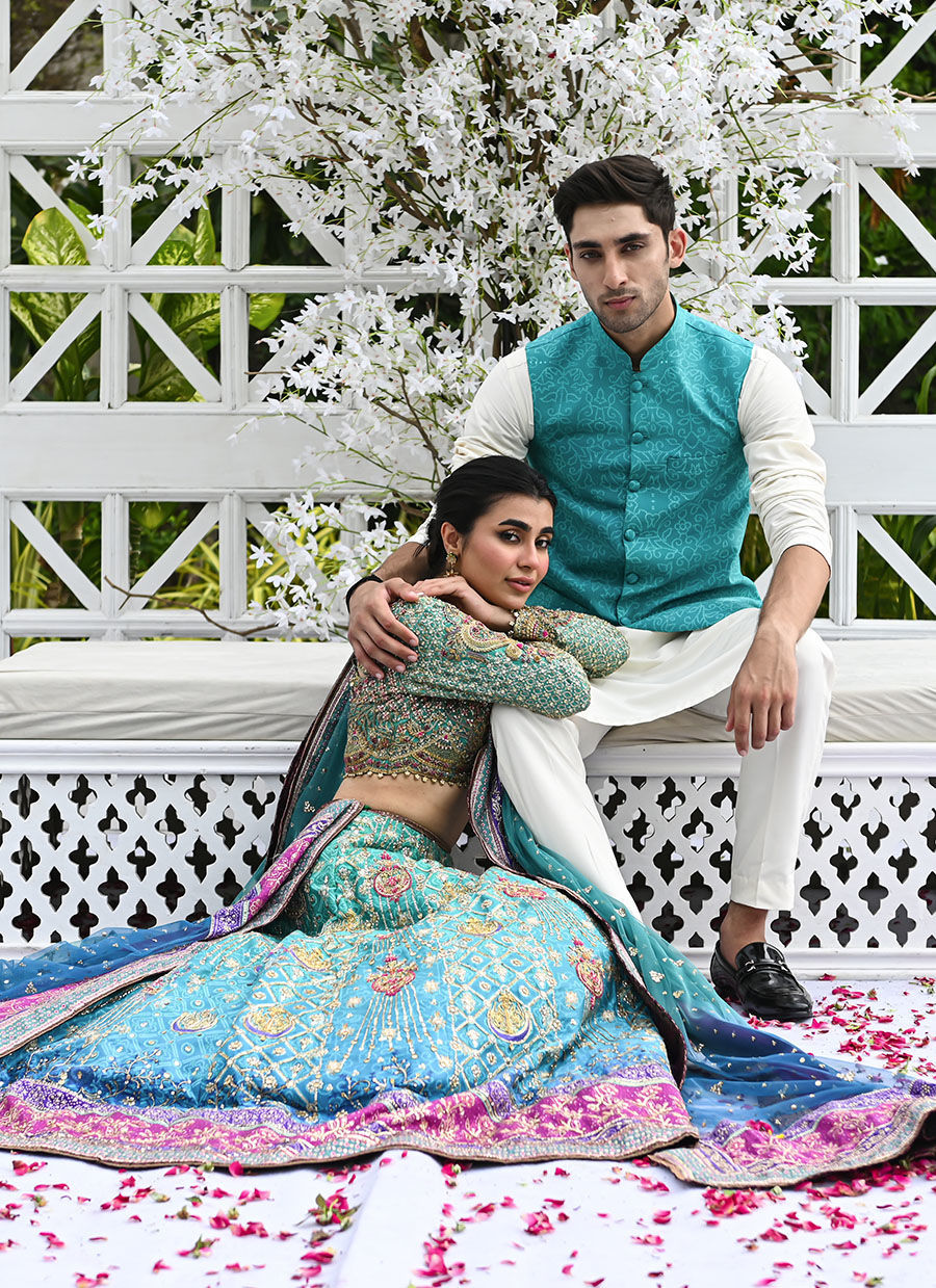 Teal Printed Raw Silk Waistcoat Kurta Pajama (3-Piece) - Image 9