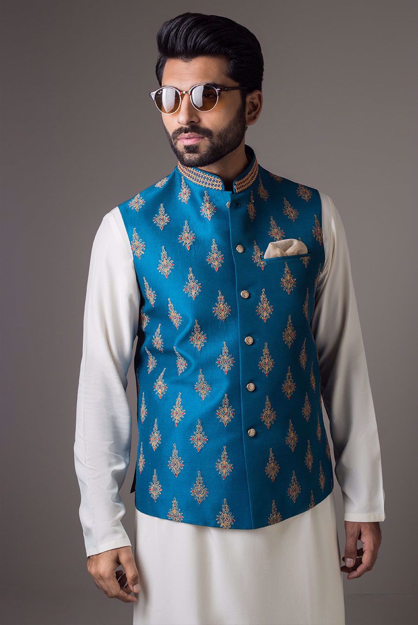Teal Embroidered Raw Silk Waistcoat (2-Piece) - Image 1