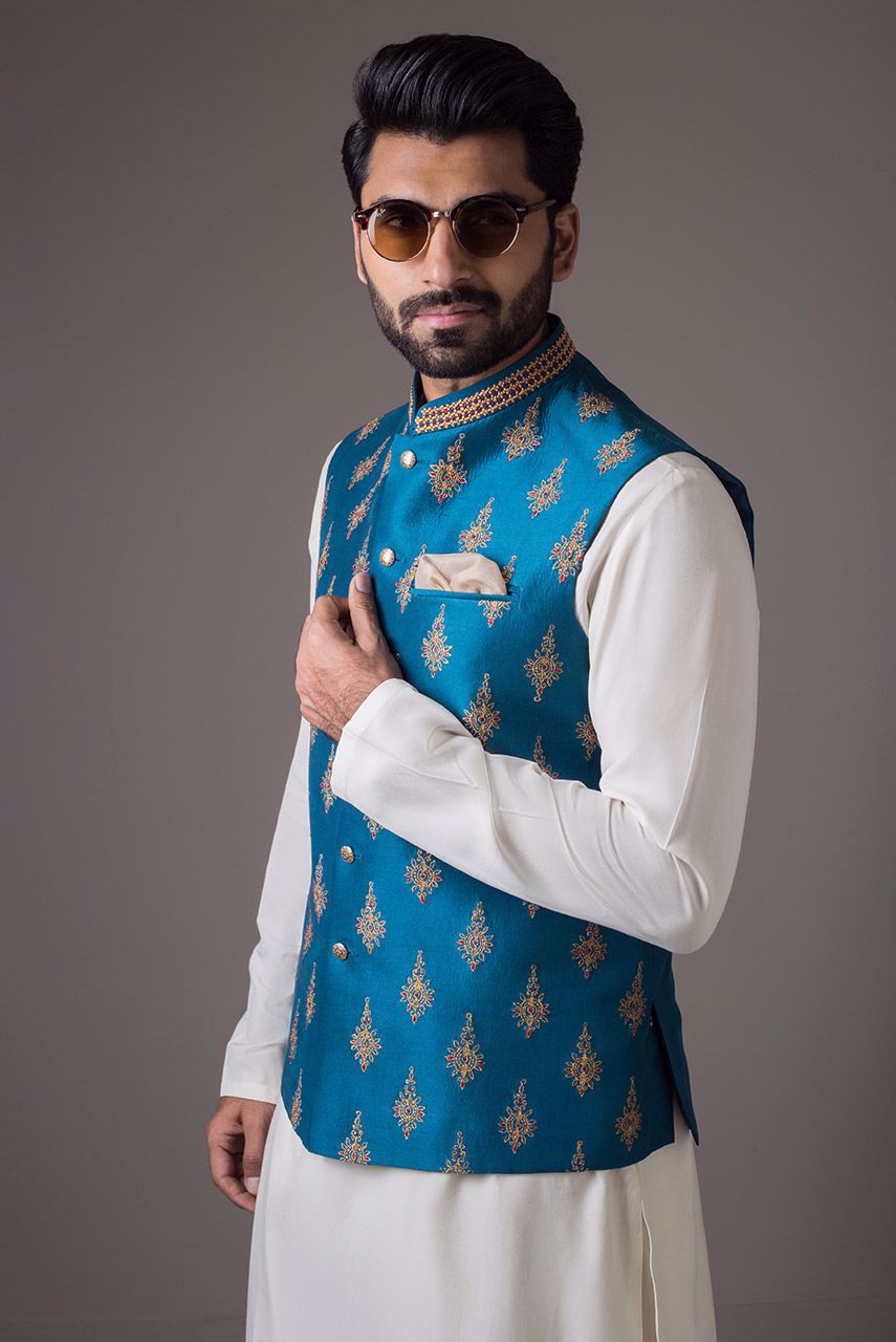 Teal Embroidered Raw Silk Waistcoat (2-Piece) - Image 2